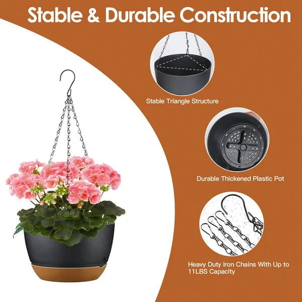 4 Pack Self-Watering Hanging Planters 9.6 Inch, Plastic Hanging Flower Pots with Removable Water Tray & Drainage Holes