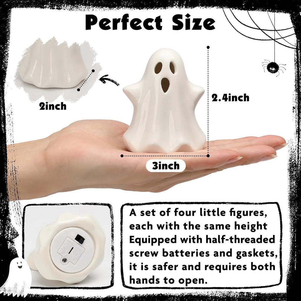 4‑Pack Ceramic Light‑Up Ghost Figurines, Indoor Halloween Tabletop Decor with Built‑in LED Lights for Desk & Mantel Displays, White