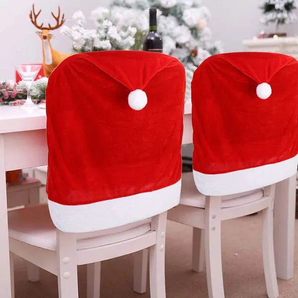 4Pcs Santa Hat Chair Back Covers, Christmas Dining Chair Slipcovers, Xmas Santa Claus Hat Chair Covers for Holiday Home Decor