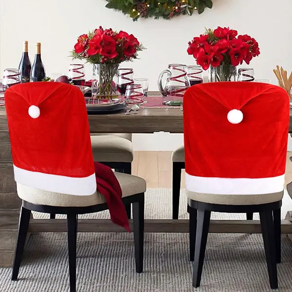 4Pcs Santa Hat Chair Back Covers, Christmas Dining Chair Slipcovers, Xmas Santa Claus Hat Chair Covers for Holiday Home Decor