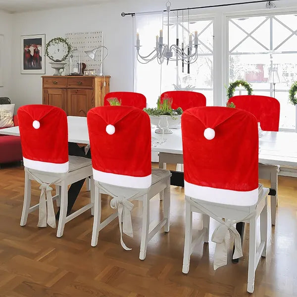 4Pcs Santa Hat Chair Back Covers, Christmas Dining Chair Slipcovers, Xmas Santa Claus Hat Chair Covers for Holiday Home Decor