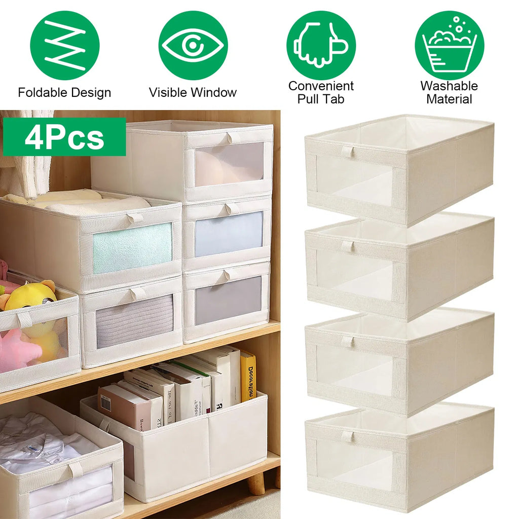 4-Pack Closet Storage Bins for Shelves, Fabric Foldable Baskets with Clear Window & Pull Tab, Washable Linen Organizer Boxes for Clothes, Linens & Toys