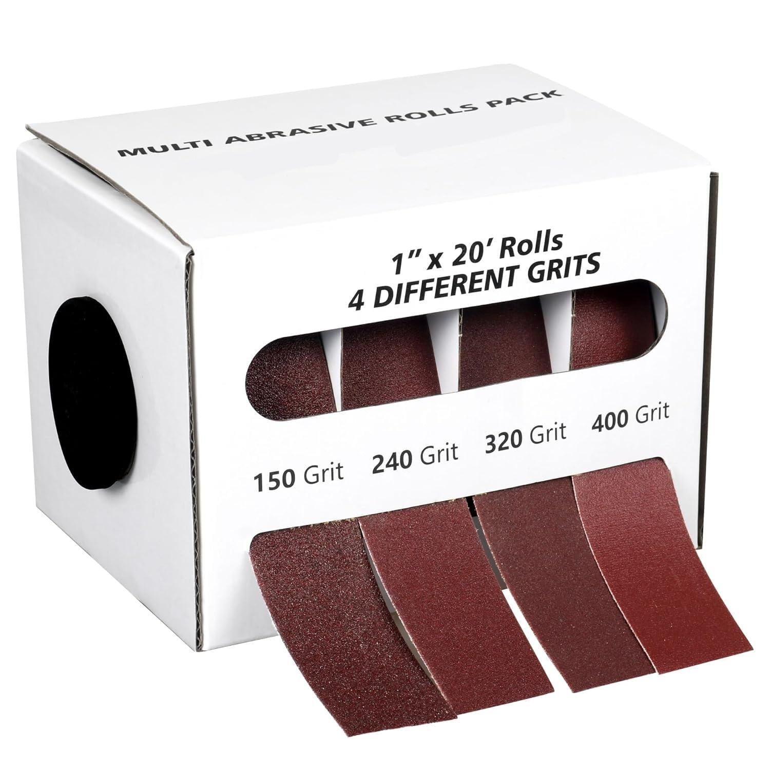 Emery Cloth Sandpaper Roll with Dispenser, 1" x 20' Rolls 4 Assorted Grit Wet Dry Sand Sheets for Metal Automotive Furniture Wood Polishing