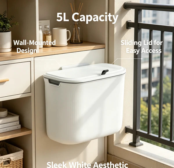 5Wall Mounted Sliding Lid Trash Can, Hanging PP Waste Bin for Kitchen Cabinet & Bathroom, Space Saving