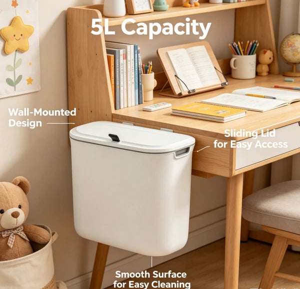 5Wall Mounted Sliding Lid Trash Can, Hanging PP Waste Bin for Kitchen Cabinet & Bathroom, Space Saving