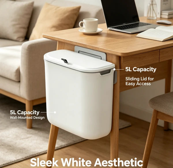 5Wall Mounted Sliding Lid Trash Can, Hanging PP Waste Bin for Kitchen Cabinet & Bathroom, Space Saving