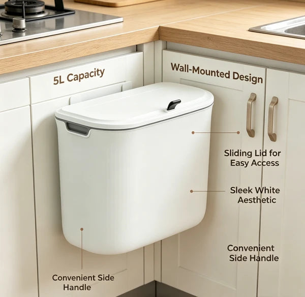 5Wall Mounted Sliding Lid Trash Can, Hanging PP Waste Bin for Kitchen Cabinet & Bathroom, Space Saving