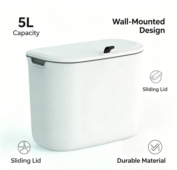 5Wall Mounted Sliding Lid Trash Can, Hanging PP Waste Bin for Kitchen Cabinet & Bathroom, Space Saving