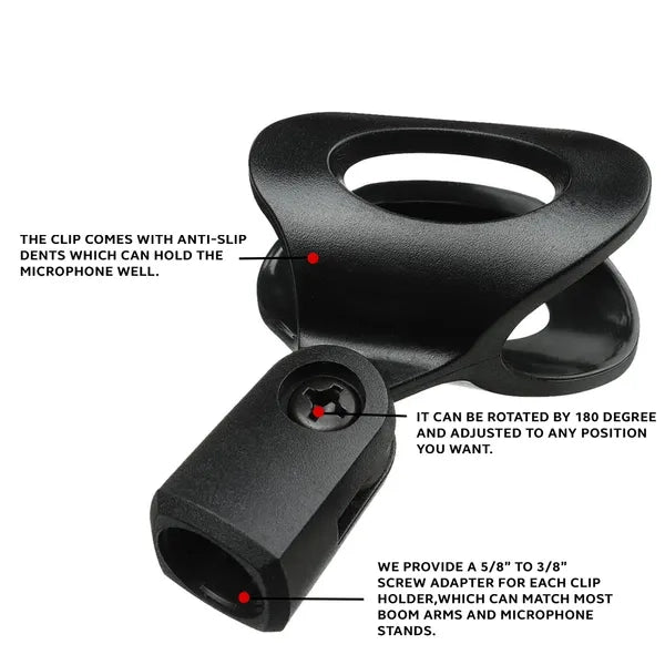 Microphone Clip Holder, Adjustable 180 Degree Rotation Mic Clip for 45‑mm Handheld Wired Wireless Microphone, Fits 5/8" to 3/8" Mic Stand