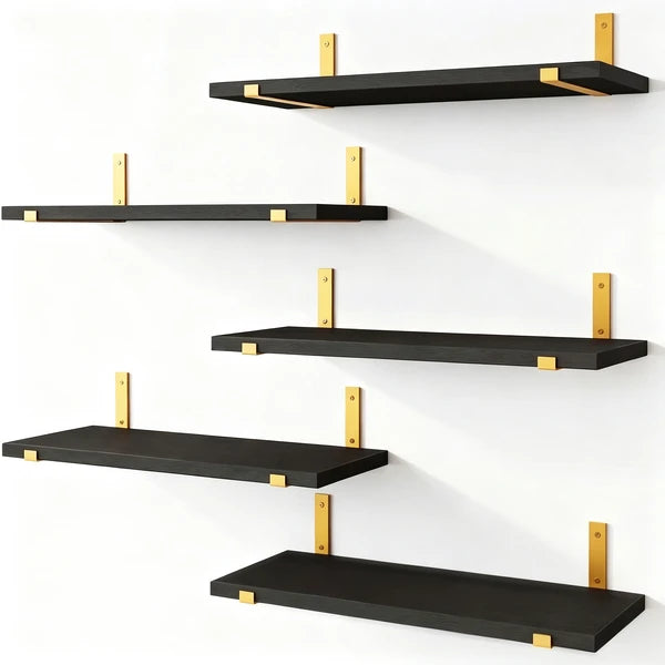 Aeelleea 5 Pack Black Floating Shelves, Paulownia Wood Wall Shelves with Gold Brackets,15.85 in,Rustic Wall Mount Storage for Bedroom Living Room Bathroom Kitchen Office