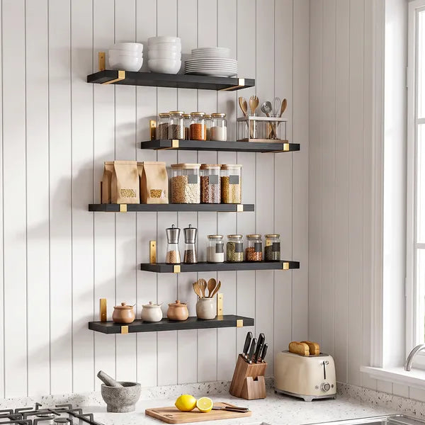 Aeelleea 5 Pack Black Floating Shelves, Paulownia Wood Wall Shelves with Gold Brackets,15.85 in,Rustic Wall Mount Storage for Bedroom Living Room Bathroom Kitchen Office