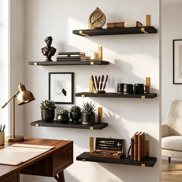 Aeelleea 5 Pack Black Floating Shelves, Paulownia Wood Wall Shelves with Gold Brackets,15.85 in,Rustic Wall Mount Storage for Bedroom Living Room Bathroom Kitchen Office