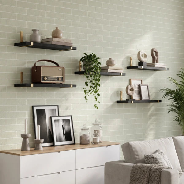 Aeelleea 5 Pack Black Floating Shelves, Paulownia Wood Wall Shelves with Gold Brackets,15.85 in,Rustic Wall Mount Storage for Bedroom Living Room Bathroom Kitchen Office