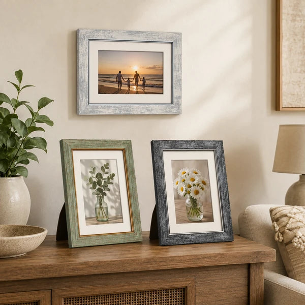 Aeelleea 5 Pack Farmhouse Picture Frames 5x7 with 4x6 Mat, Rustic Distressed PS Frames, Tempered Glass, Wall & Tabletop