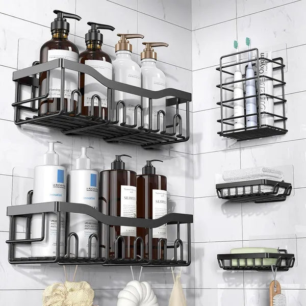 5 Pack Rustproof Stainless Steel Shower Caddy, No Drill Adhesive Bathroom Organizer, Large Capacity Wall Mount Storage Rack