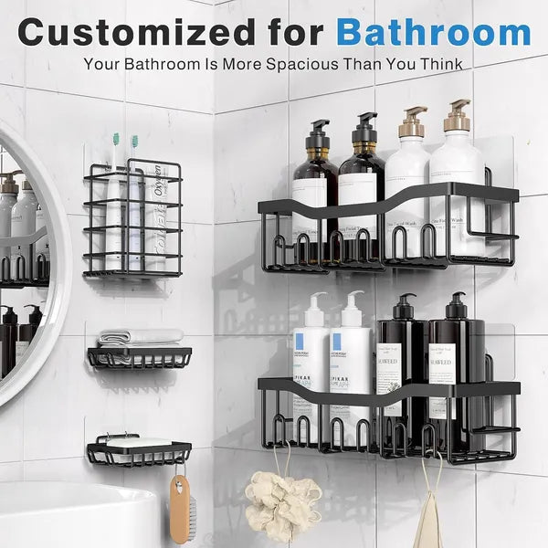 5 Pack Rustproof Stainless Steel Shower Caddy, No Drill Adhesive Bathroom Organizer, Large Capacity Wall Mount Storage Rack