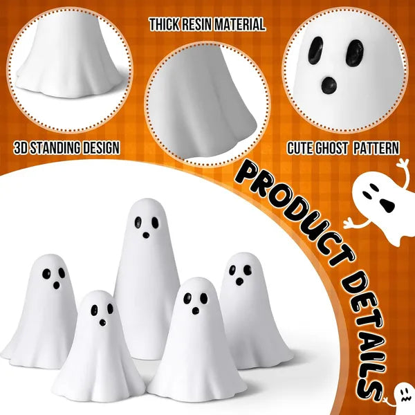 5pc White Resin Ghost Figurines, Halloween Tabletop Decorations for Mantel and Shelf