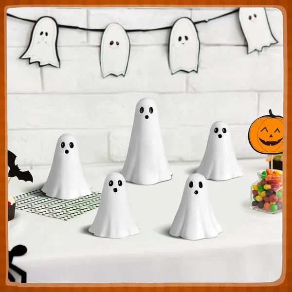 5pc White Resin Ghost Figurines, Halloween Tabletop Decorations for Mantel and Shelf
