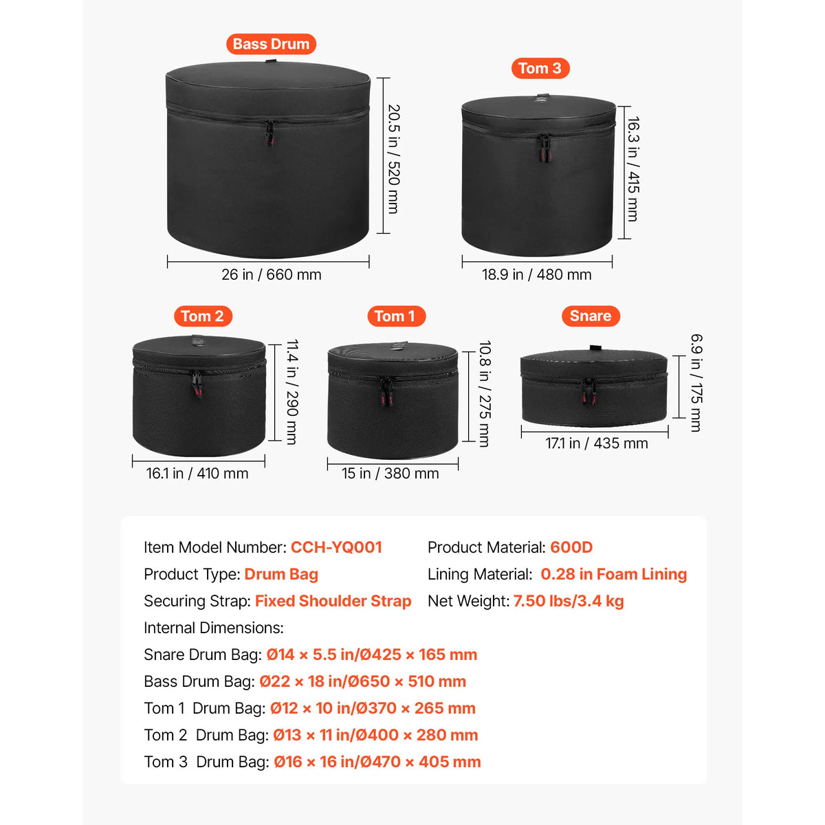 5-Piece Drum Bag Set with 600D Padded Protection, Fits 22" Bass Drum, 12"/13"/16" Tom & 14" Snare Drum Cases for Travel and Storage