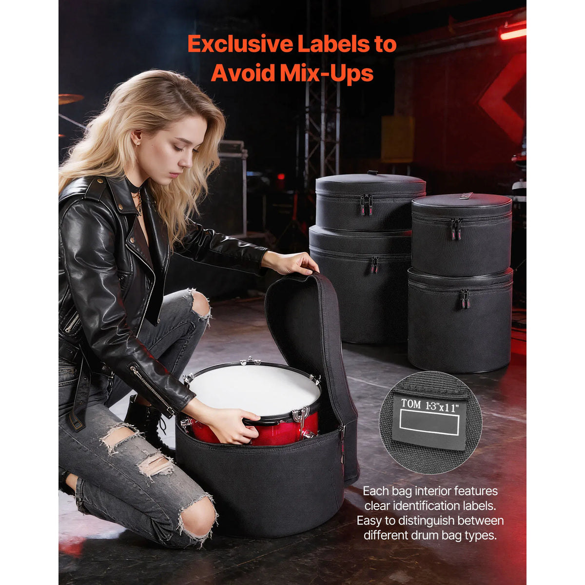 5-Piece Drum Bag Set with 600D Padded Protection, Fits 22" Bass Drum, 12"/13"/16" Tom & 14" Snare Drum Cases for Travel and Storage
