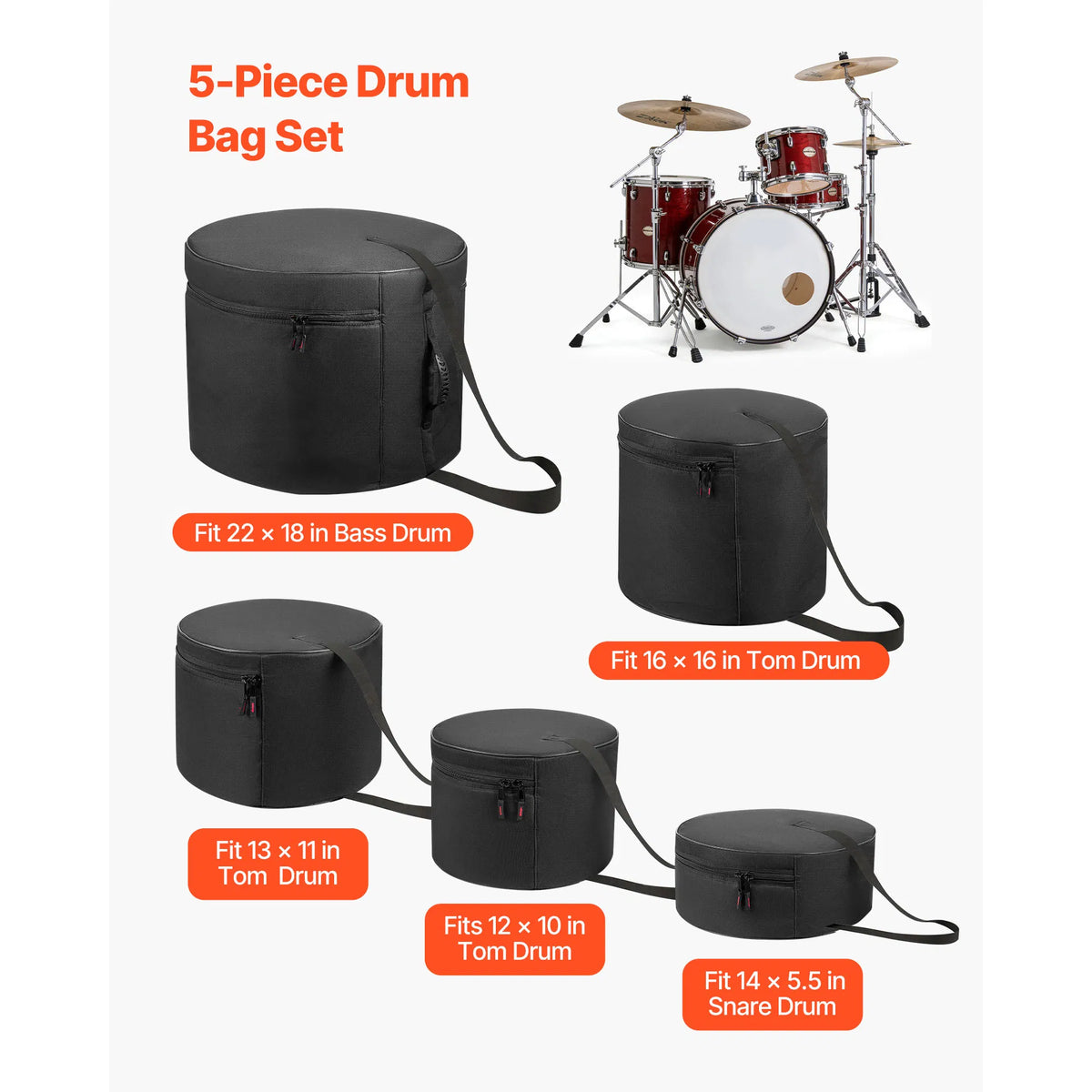 5-Piece Drum Bag Set with 600D Padded Protection, Fits 22" Bass Drum, 12"/13"/16" Tom & 14" Snare Drum Cases for Travel and Storage