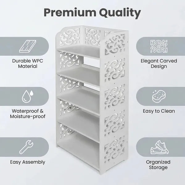 5-Tier Carved Shoe Rack, Wood-Plastic Board Freestanding Storage Organizer, Space Saving Shoe Shelf for Entryway, Closet, Hallway & Bedroom