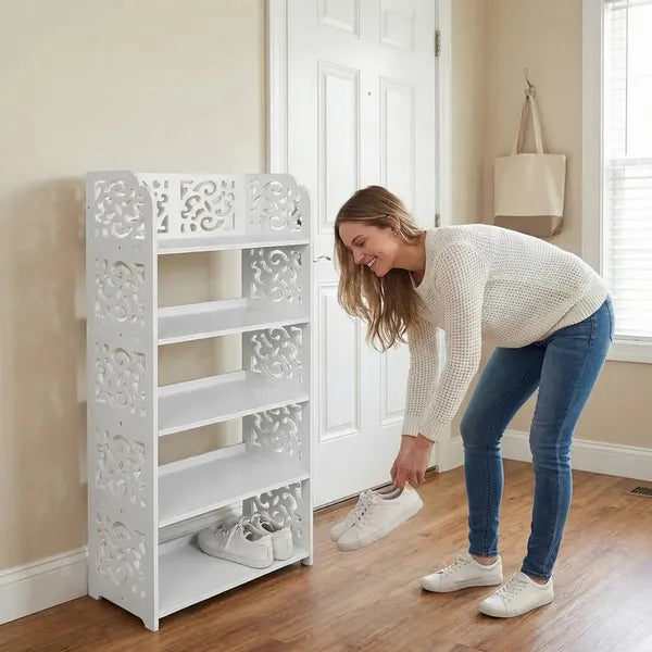 5-Tier Carved Shoe Rack, Wood-Plastic Board Freestanding Storage Organizer, Space Saving Shoe Shelf for Entryway, Closet, Hallway & Bedroom