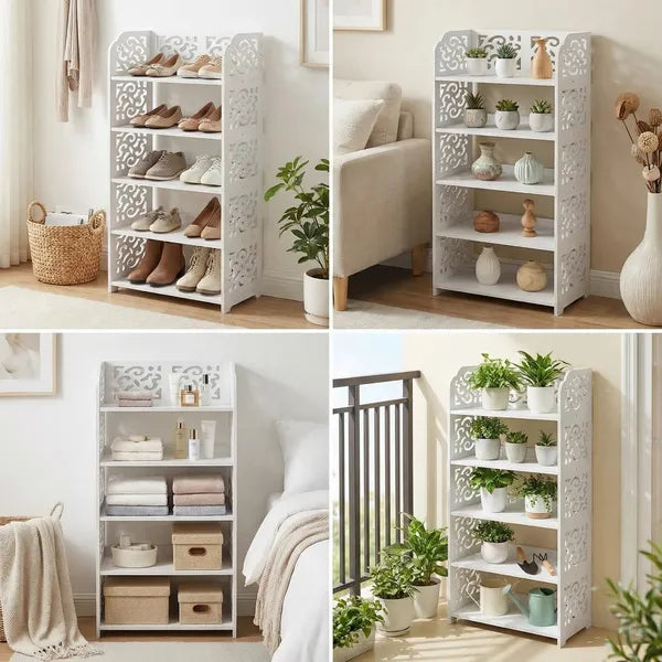 5-Tier Carved Shoe Rack, Wood-Plastic Board Freestanding Storage Organizer, Space Saving Shoe Shelf for Entryway, Closet, Hallway & Bedroom