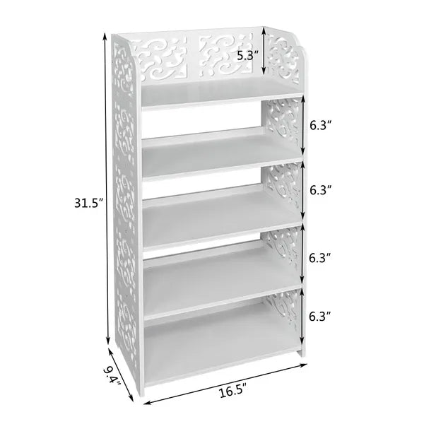 5-Tier Carved Shoe Rack, Wood-Plastic Board Freestanding Storage Organizer, Space Saving Shoe Shelf for Entryway, Closet, Hallway & Bedroom