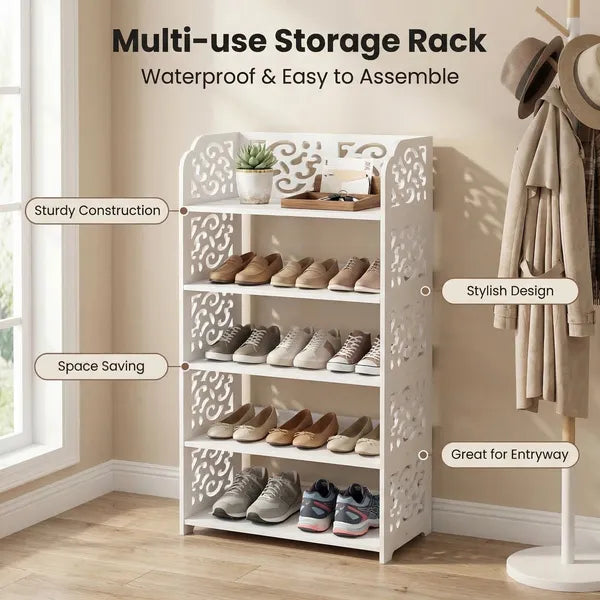 5-Tier Carved Shoe Rack, Wood-Plastic Board Freestanding Storage Organizer, Space Saving Shoe Shelf for Entryway, Closet, Hallway & Bedroom