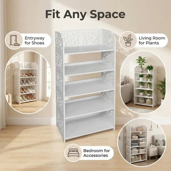 5-Tier Carved Shoe Rack, Wood-Plastic Board Freestanding Storage Organizer, Space Saving Shoe Shelf for Entryway, Closet, Hallway & Bedroom