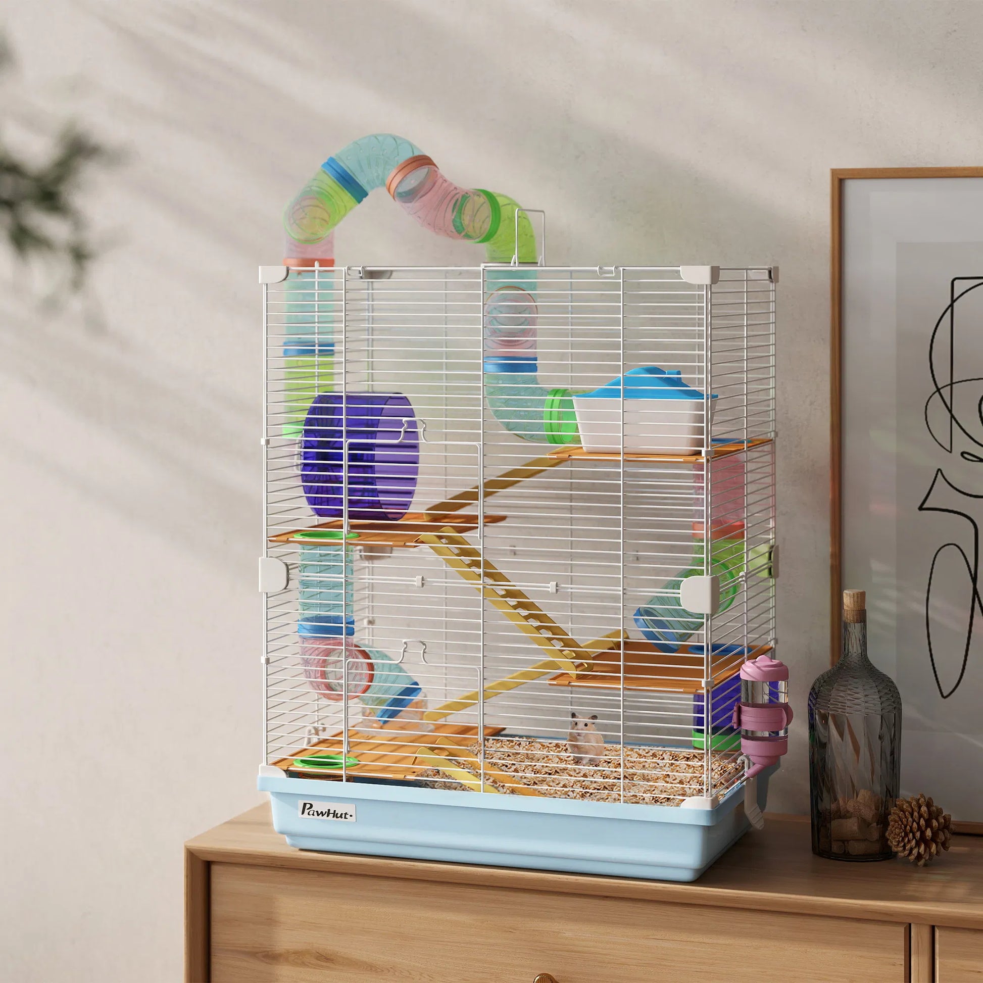 PawHut 5-Tier Hamster Cage with Tubes, Exercise Wheel, Ramps, Water Bottle & Food Dish, Light Blue