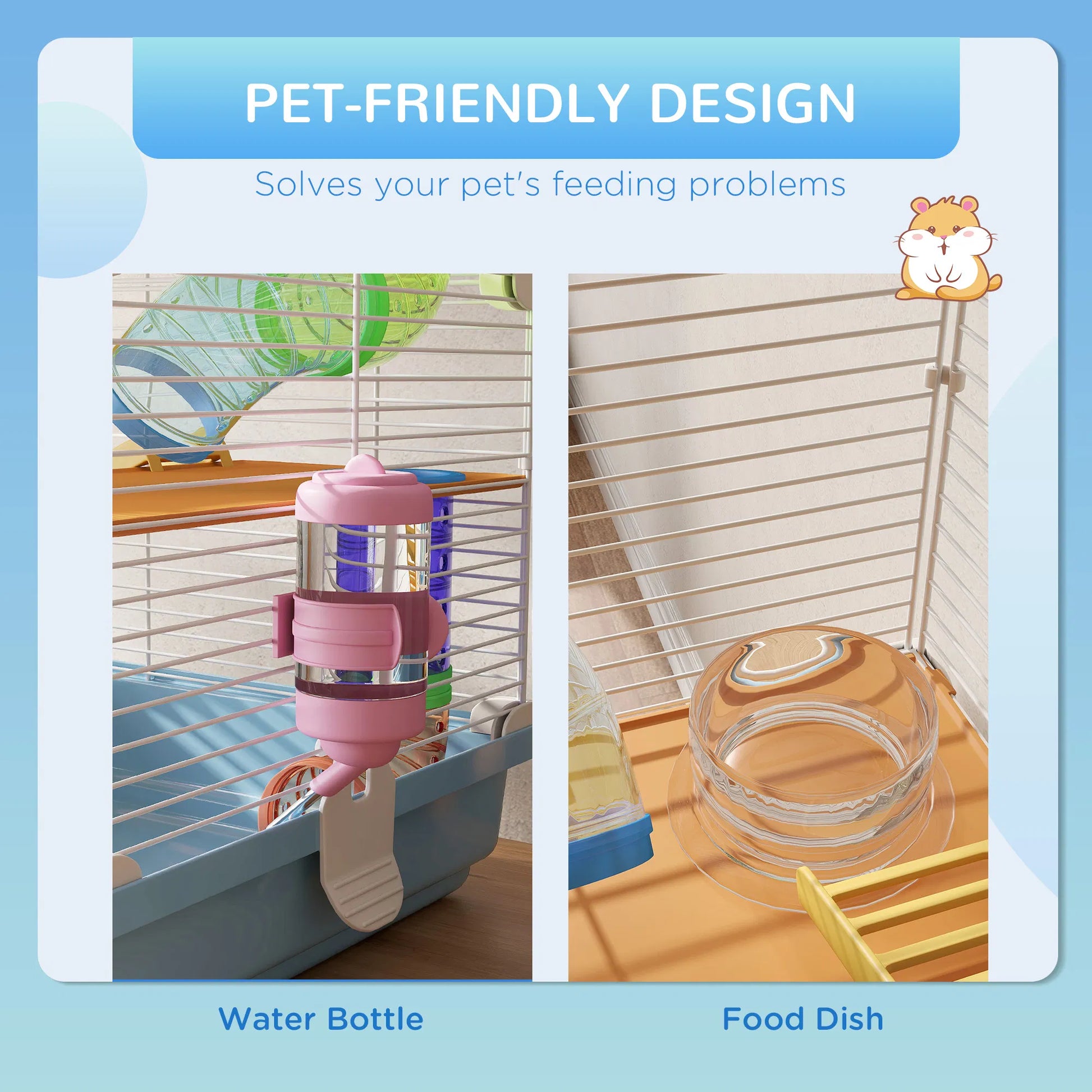 PawHut 5-Tier Hamster Cage with Tubes, Exercise Wheel, Ramps, Water Bottle & Food Dish, Light Blue