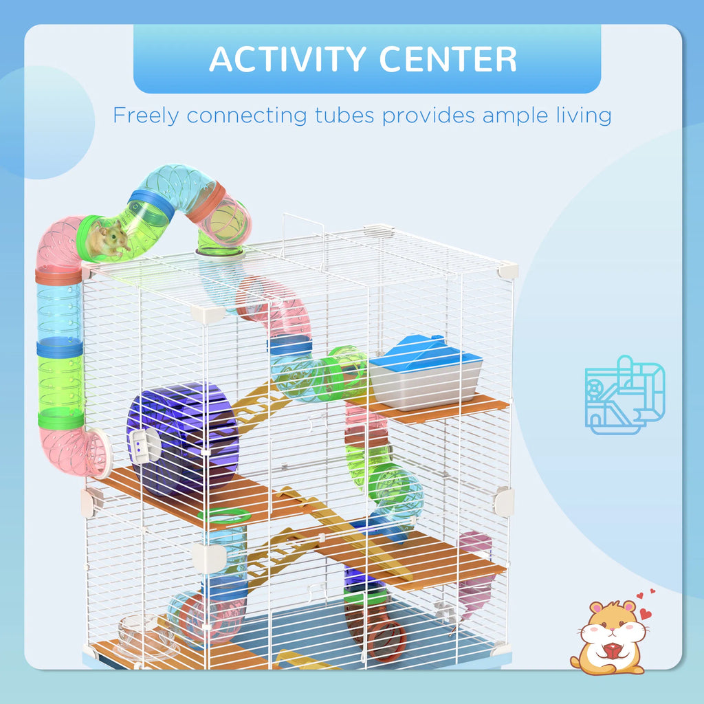 PawHut 5-Tier Hamster Cage with Tubes, Exercise Wheel, Ramps, Water Bottle & Food Dish, Light Blue