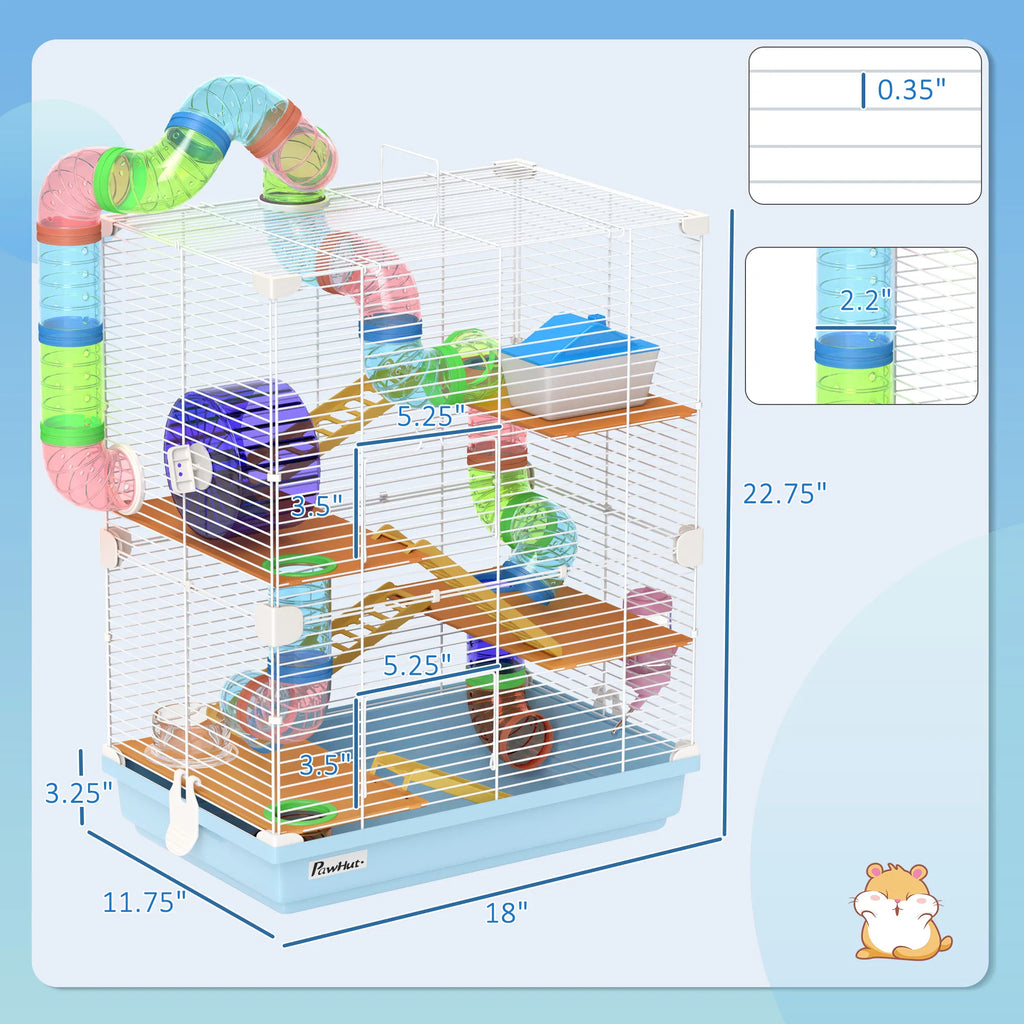 PawHut 5-Tier Hamster Cage with Tubes, Exercise Wheel, Ramps, Water Bottle & Food Dish, Light Blue