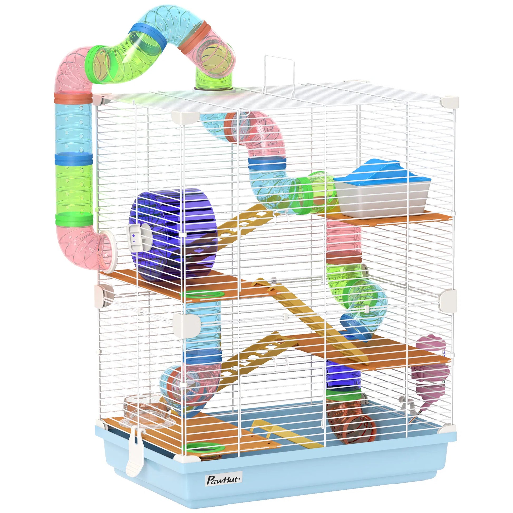 PawHut 5-Tier Hamster Cage with Tubes, Exercise Wheel, Ramps, Water Bottle & Food Dish, Light Blue