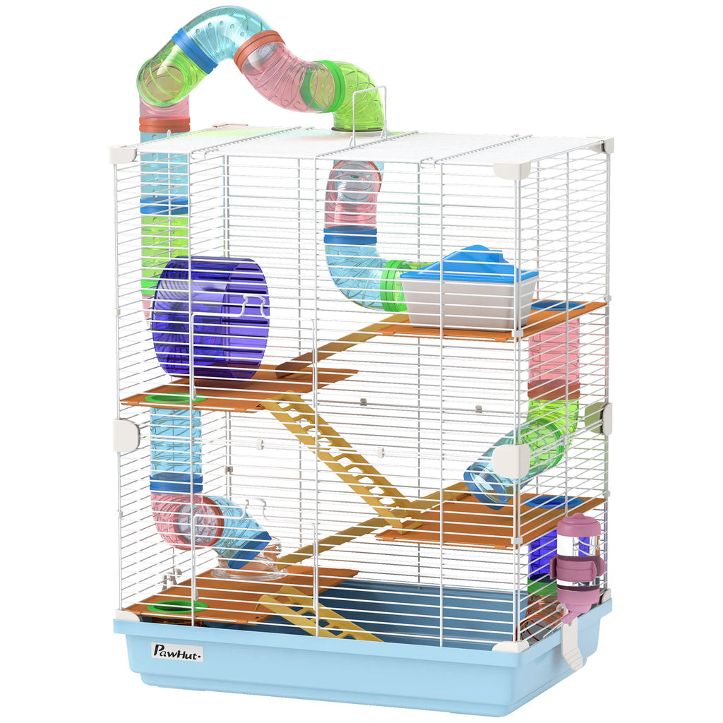 PawHut 5-Tier Hamster Cage with Tubes, Exercise Wheel, Ramps, Water Bottle & Food Dish, Light Blue