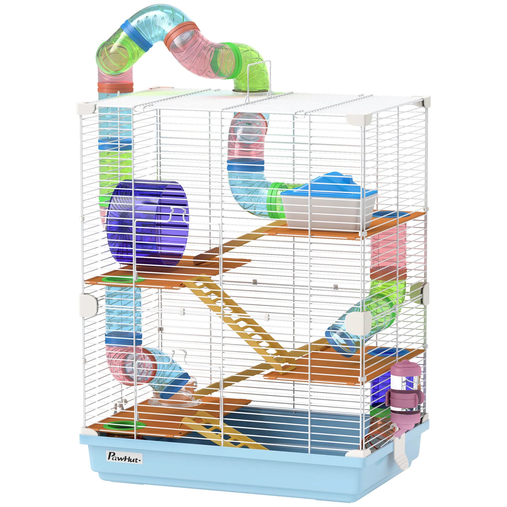 PawHut 5-Tier Hamster Cage with Tubes, Exercise Wheel, Ramps, Water Bottle & Food Dish, Light Blue