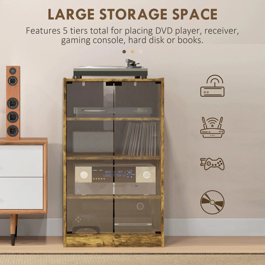 5-Tier Media Cabinet, Rustic Brown TV Stand with Tempered Glass Doors, Adjustable Shelves & Cable Management, Entertainment Center for Living Room