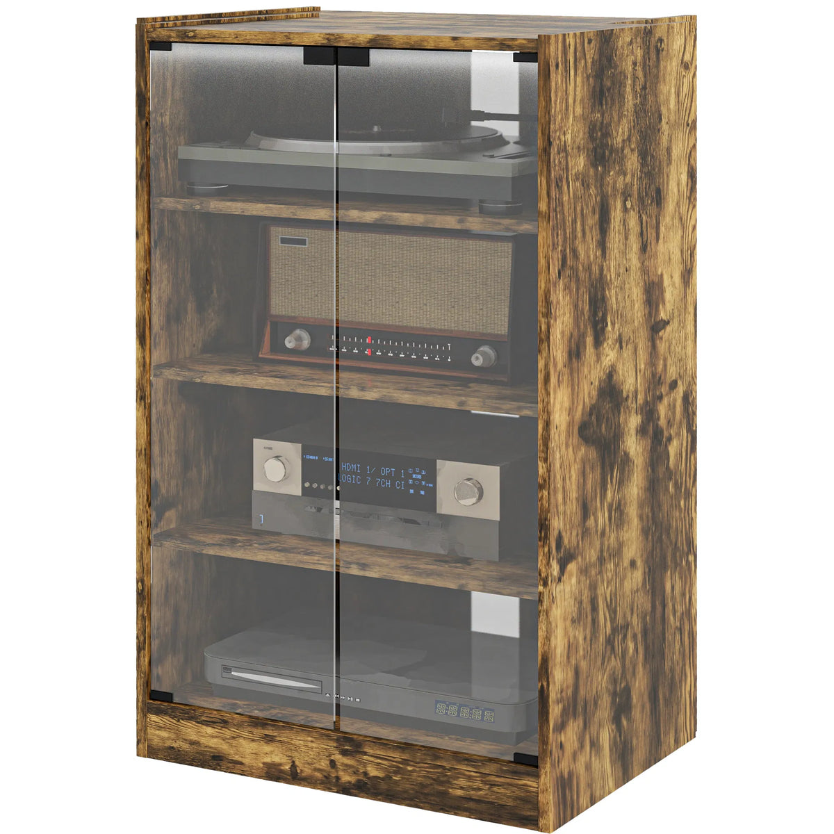 5-Tier Media Cabinet, Rustic Brown TV Stand with Tempered Glass Doors, Adjustable Shelves & Cable Management, Entertainment Center for Living Room