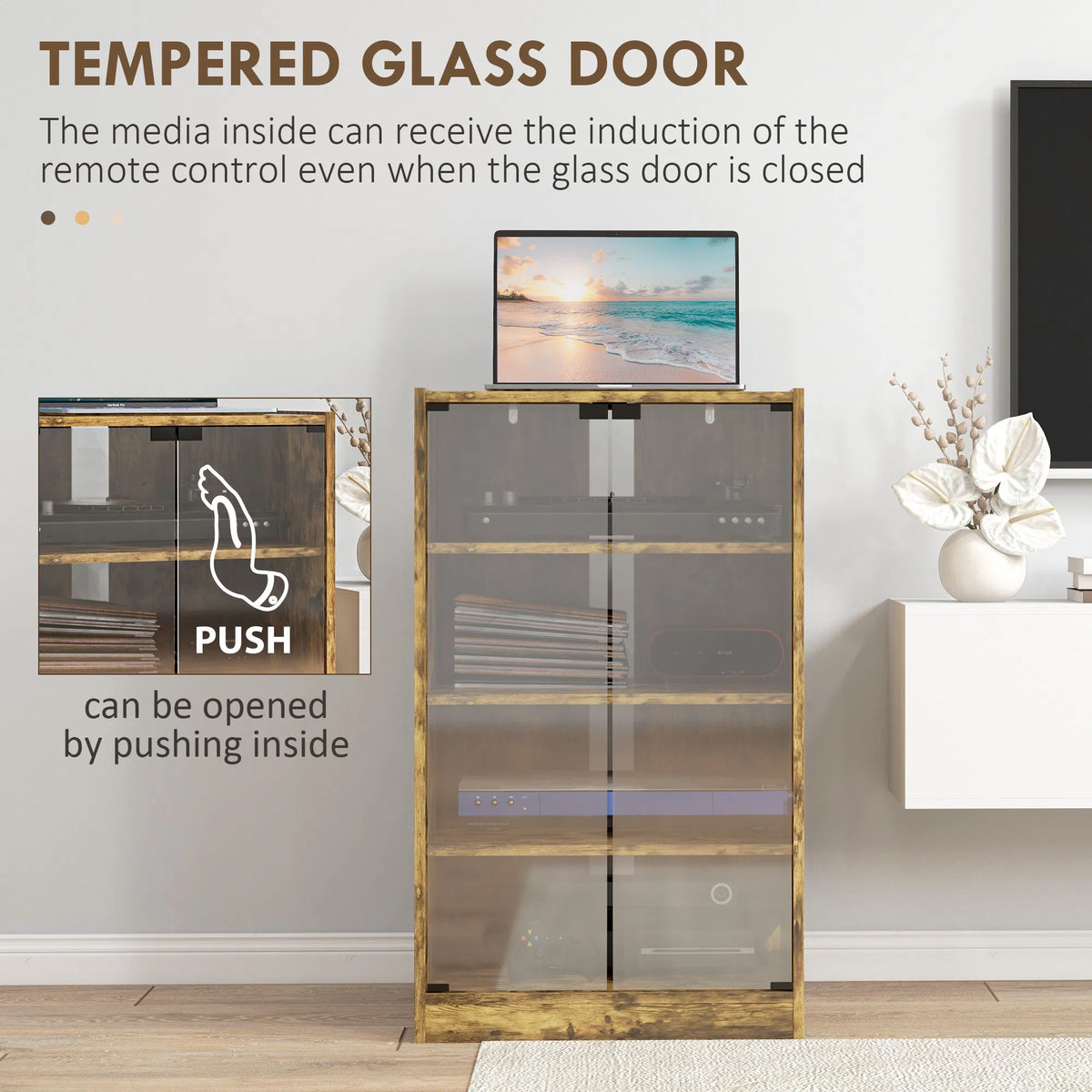 5-Tier Media Cabinet, Rustic Brown TV Stand with Tempered Glass Doors, Adjustable Shelves & Cable Management, Entertainment Center for Living Room