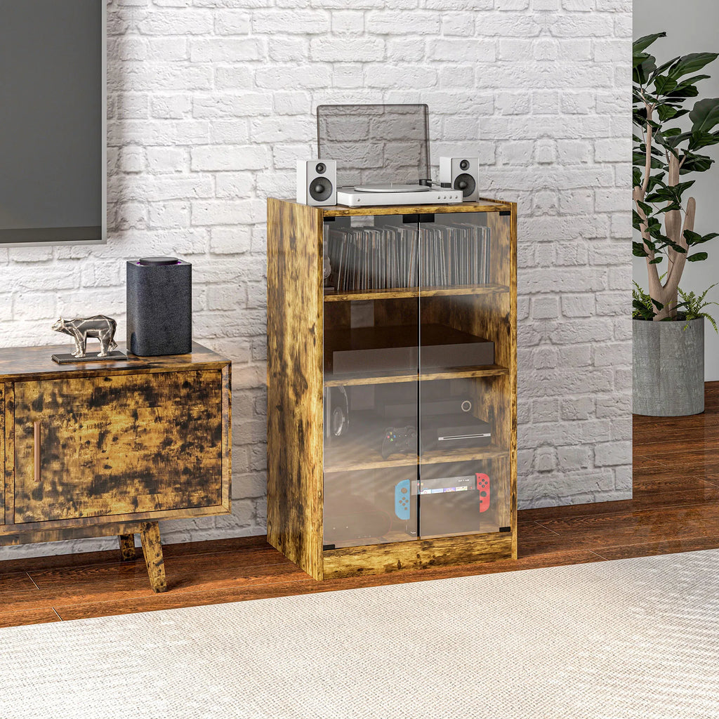 5-Tier Media Cabinet, Rustic Brown TV Stand with Tempered Glass Doors, Adjustable Shelves & Cable Management, Entertainment Center for Living Room