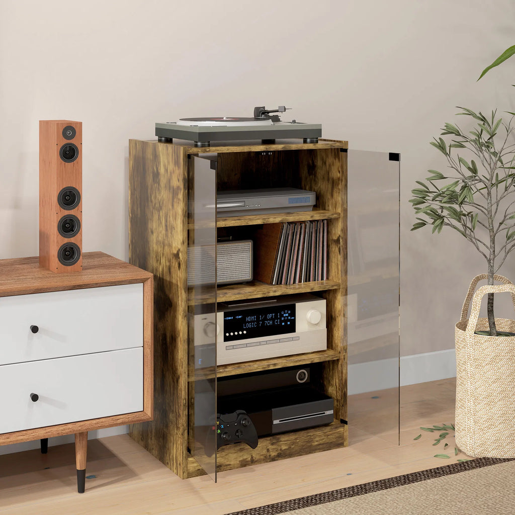 5-Tier Media Cabinet, Rustic Brown TV Stand with Tempered Glass Doors, Adjustable Shelves & Cable Management, Entertainment Center for Living Room