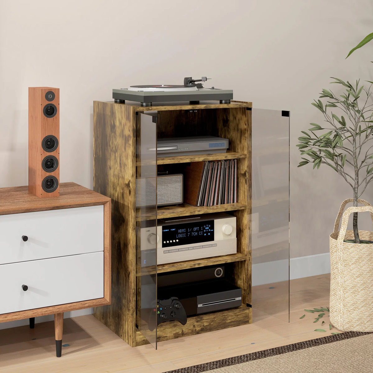 5-Tier Media Cabinet, Rustic Brown TV Stand with Tempered Glass Doors, Adjustable Shelves & Cable Management, Entertainment Center for Living Room