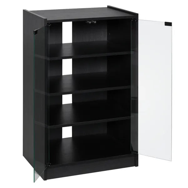 Aeelleea 5-Tier Media Stand Cabinet, Black TV Cabinet with Tempered Glass Door & Adjustable Shelves