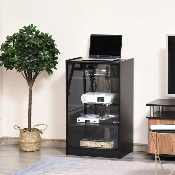 Aeelleea 5-Tier Media Stand Cabinet, Black TV Cabinet with Tempered Glass Door & Adjustable Shelves