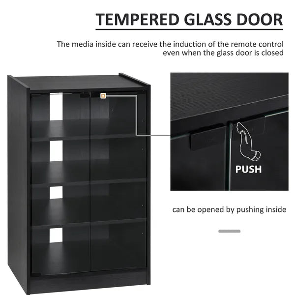 Aeelleea 5-Tier Media Stand Cabinet, Black TV Cabinet with Tempered Glass Door & Adjustable Shelves