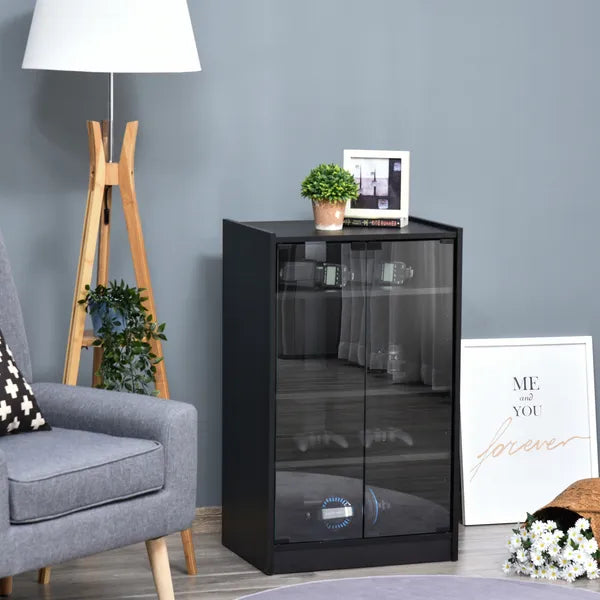 Aeelleea 5-Tier Media Stand Cabinet, Black TV Cabinet with Tempered Glass Door & Adjustable Shelves