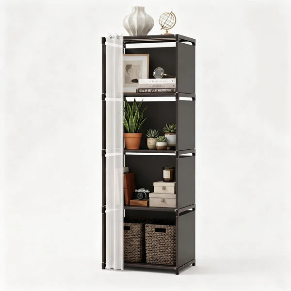 Aeelleea 5 Tier Storage Closet Organizer 15.4×10.9×48.9in, Freestanding Shelf with PEVA Curtain, Silver Frame Black Fabric for Bedroom Living Room