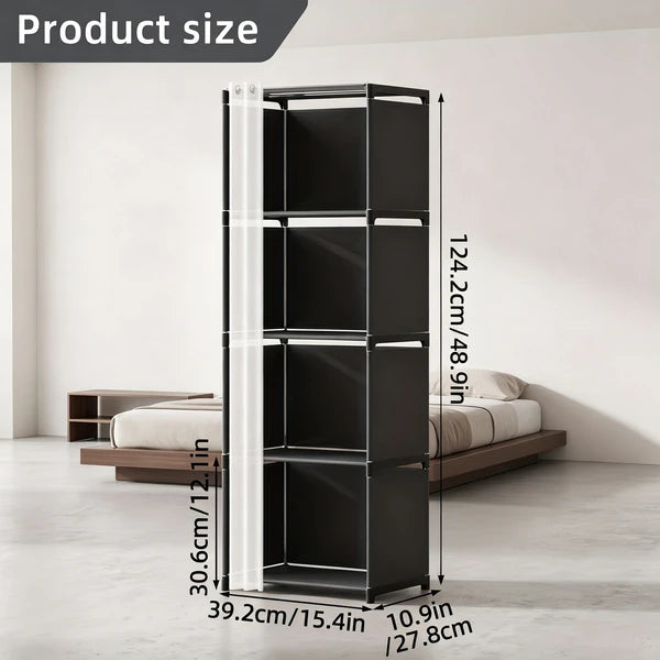 Aeelleea 5 Tier Storage Closet Organizer 15.4×10.9×48.9in, Freestanding Shelf with PEVA Curtain, Silver Frame Black Fabric for Bedroom Living Room